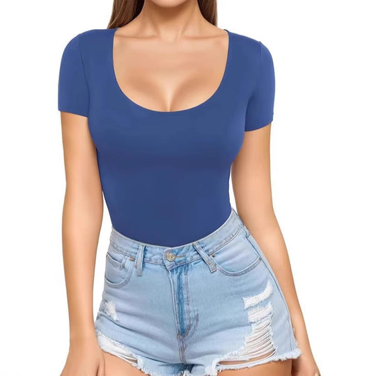 Damen figurbetontes Kurzarm-Body mit rundem Ausschnitt und nahtlosem Design EB