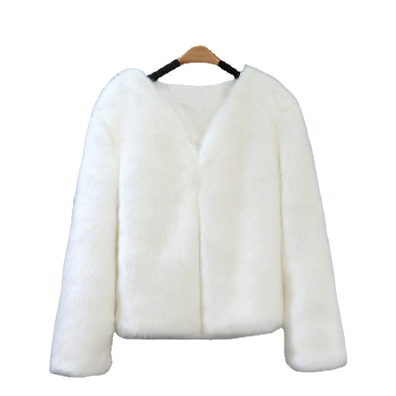 Damen Elegante Kunstfelljacke mit V-Ausschnitt und weichem Innenfutter EB
