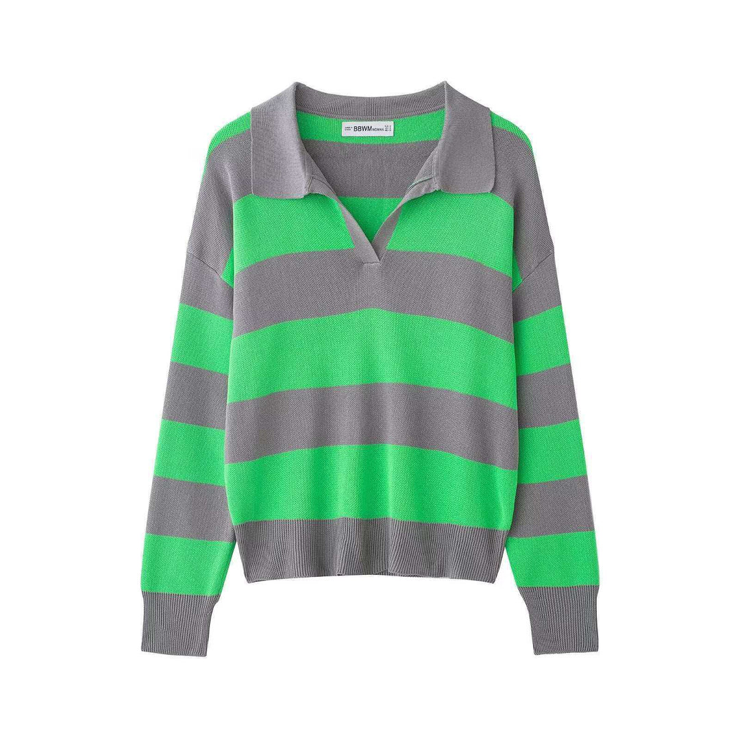 Damen nan gestreifter Rugby-Pullover mit Polokragen, V‑Ausschnitt und verlängerten Rippbündchen EB