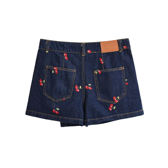 Damen Jeansrock mit verspielter Kirschstickerei und dekorativem Schnitt EB