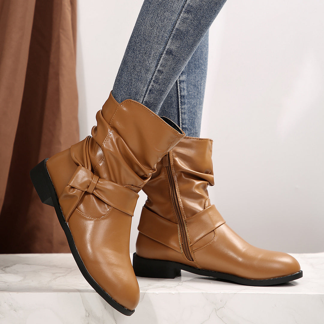 Damen Stiefeletten mit modischem Falten-Design und dekorativem Schleifenverschluss EB