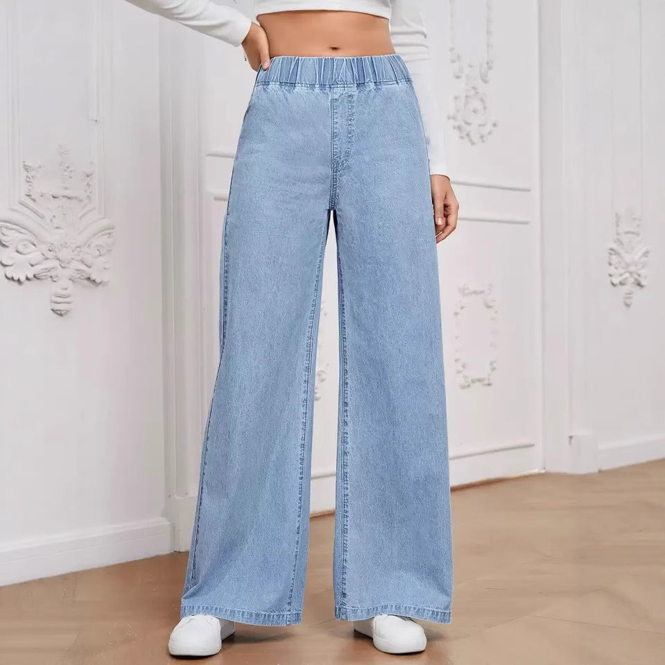 Damen Weite Jeanshose mit elastischem Bund und dekorativen Nähten EB