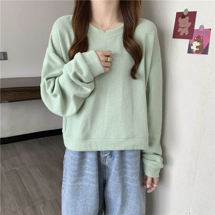 Damen lässiger cropped Pullover aus weichem Baumwollmix mit modischem Rundhalsausschnitt EB