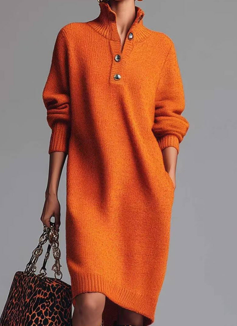 Damen nan gestricktes Pulloverkleid mit Polokragen, Eingrifftaschen und lässiger Passform EB