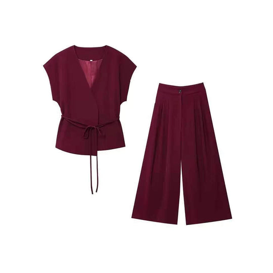 Damen elegantes Wickeloberteil und weite Palazzo-Hose Set EB