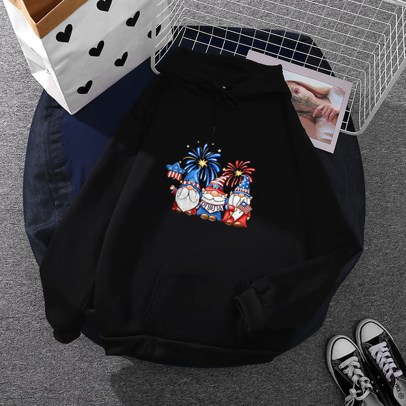 Damen nan Kapuzenpullover mit patriotischem Gartenzwerg-Print, angerautem Fleece-Innenfutter, Oversize-Schnitt und Kängurutasche EB