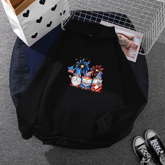 Damen nan Kapuzenpullover mit patriotischem Gartenzwerg-Print, angerautem Fleece-Innenfutter, Oversize-Schnitt und Kängurutasche EB