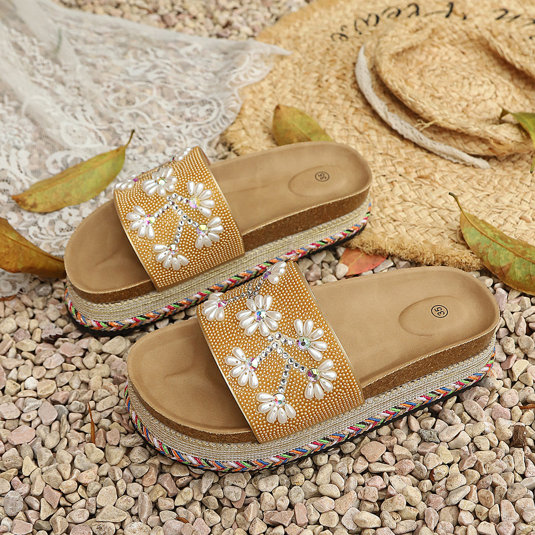 Damen Plattform-Pantoletten mit floralem Design und rutschfester Sohle EB