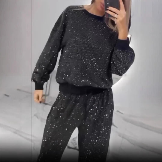 Damen Glitzerndes Freizeitset mit Cropped Sweater und bequemer Hose EB