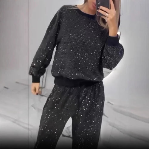 Damen Glitzerndes Freizeitset mit Cropped Sweater und bequemer Hose EB