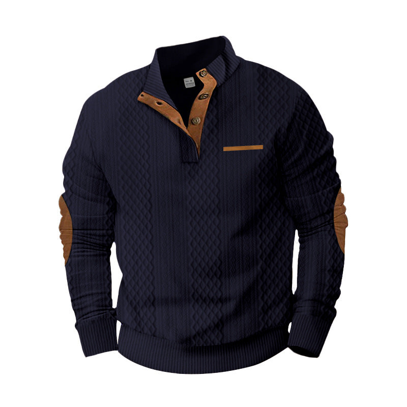 Herren Strukturiertes Kabelstrick-Sweatshirt mit Halbknopfblende, Kunstleder‑Patchtasche & Ellbogenpatches EB