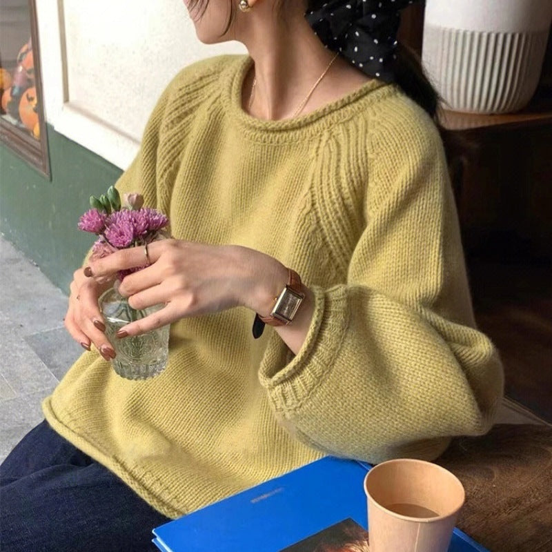 Damen gemütlicher Strickpullover mit lässigem Schnitt und luftigen Ärmeln EB