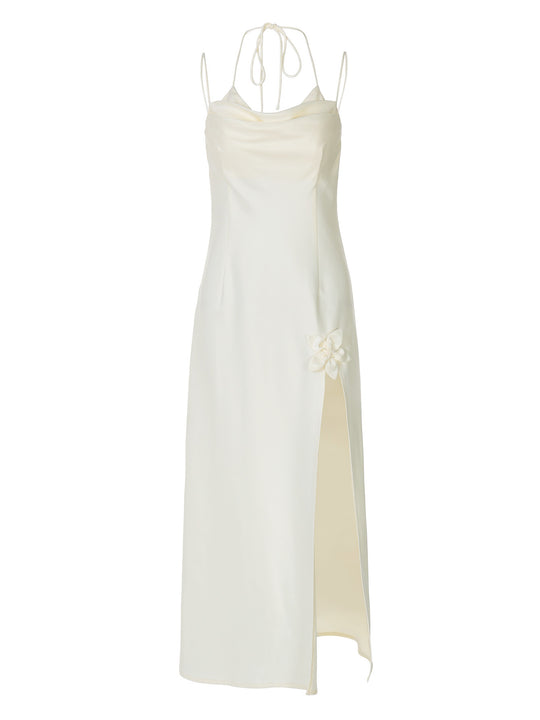Damen Elegantes langes Kleid mit zarter Drapierung und floralem Detail EB