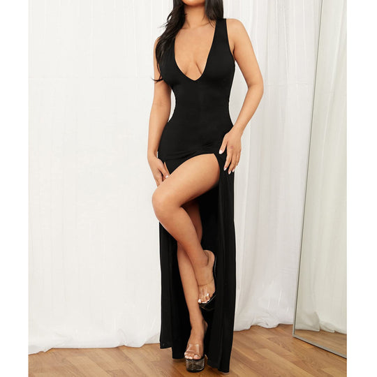 Damen Elegantes Maxikleid mit tiefem V-Ausschnitt und seitlichen Schlitzen EB