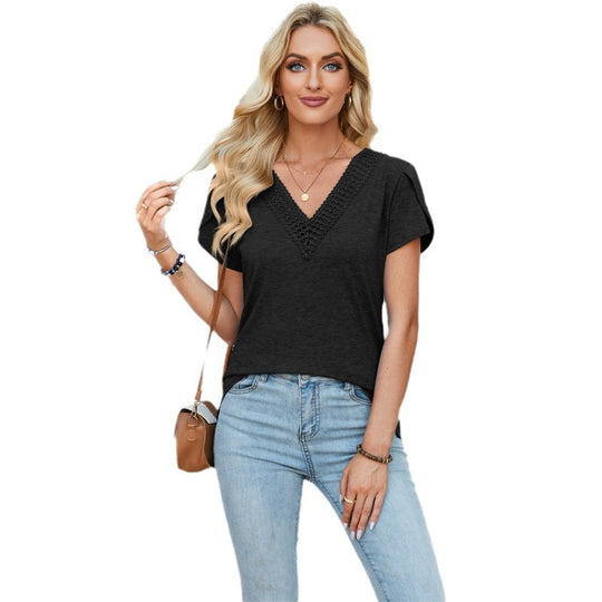 Damen V-Ausschnitt T-Shirt mit Spitzenakzenten EB