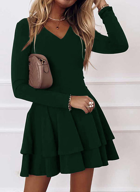 Damen Minikleid mit voluminösen Rüschensaum und V-Ausschnitt EB