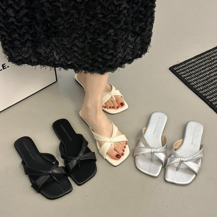Damen bequeme Zehentrenner-Sandaletten mit modernem Knoten-Design EB