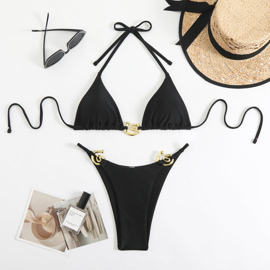 Damen Triangel-Bikini mit goldenen Akzenten und verstellbaren Trägern EB