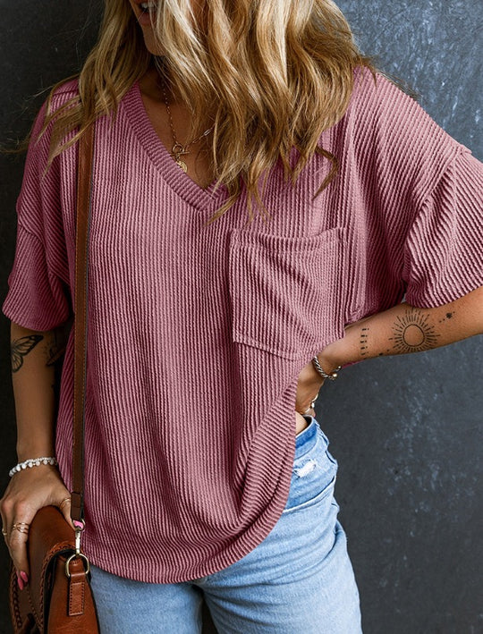 Damen lässiges Kurzarmshirt mit V-Ausschnitt und Brusttasche EB