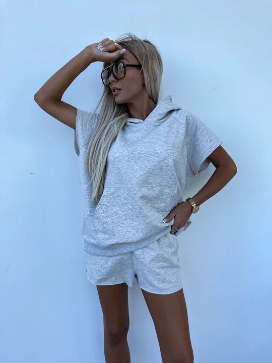 Damen lässiges Shorts- und Kurzarm-Hoodie Set aus atmungsaktivem Material EB