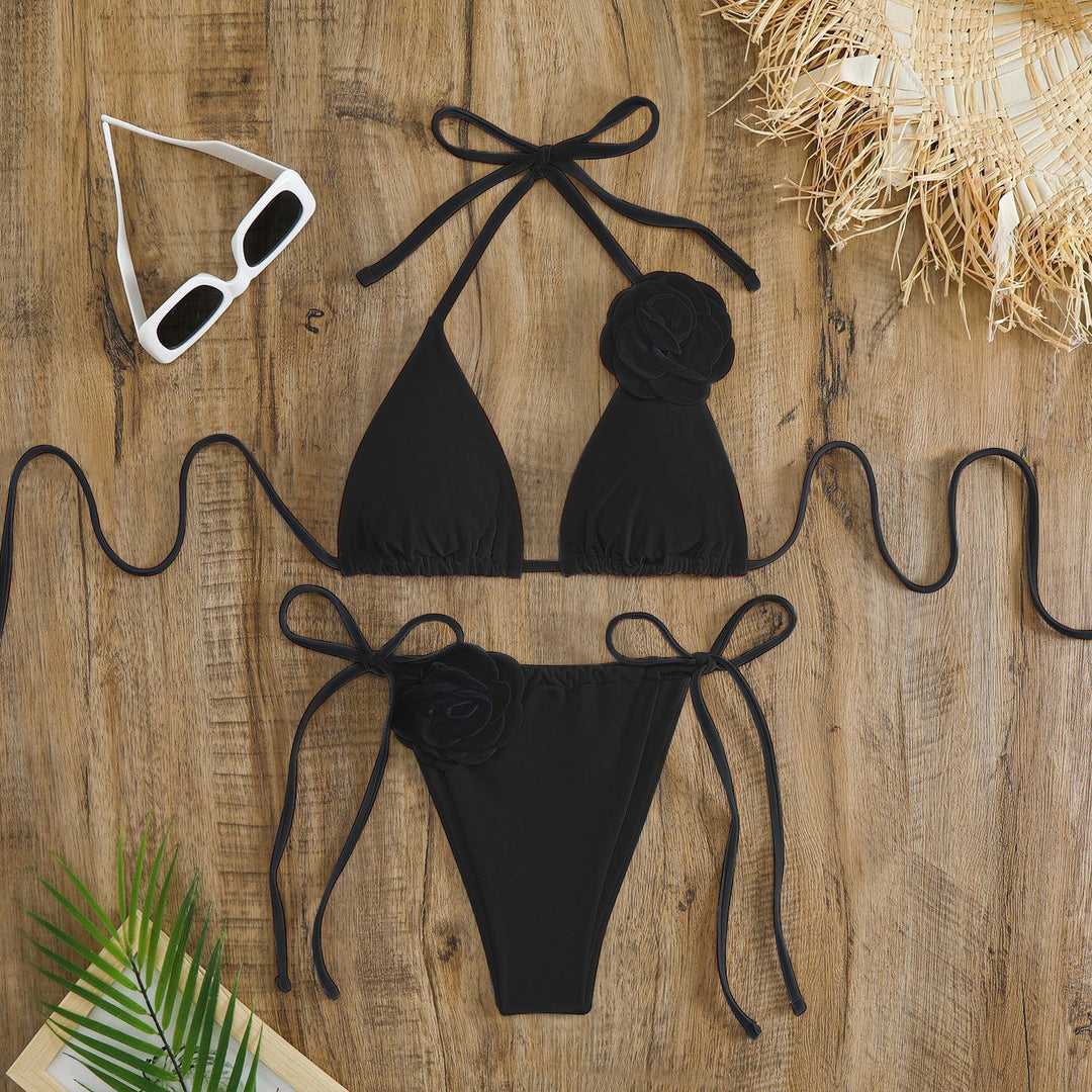 Damen verstellbarer Triangel-Bikini mit dekorativen Blumenapplikationen EB