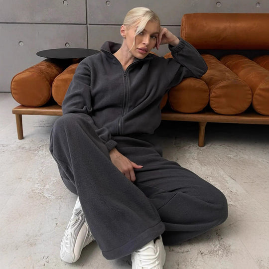 Damen Komfortables Fleece-Loungewear-Set mit kurzem Zip-Top und weiter High-Waist-Hose EB