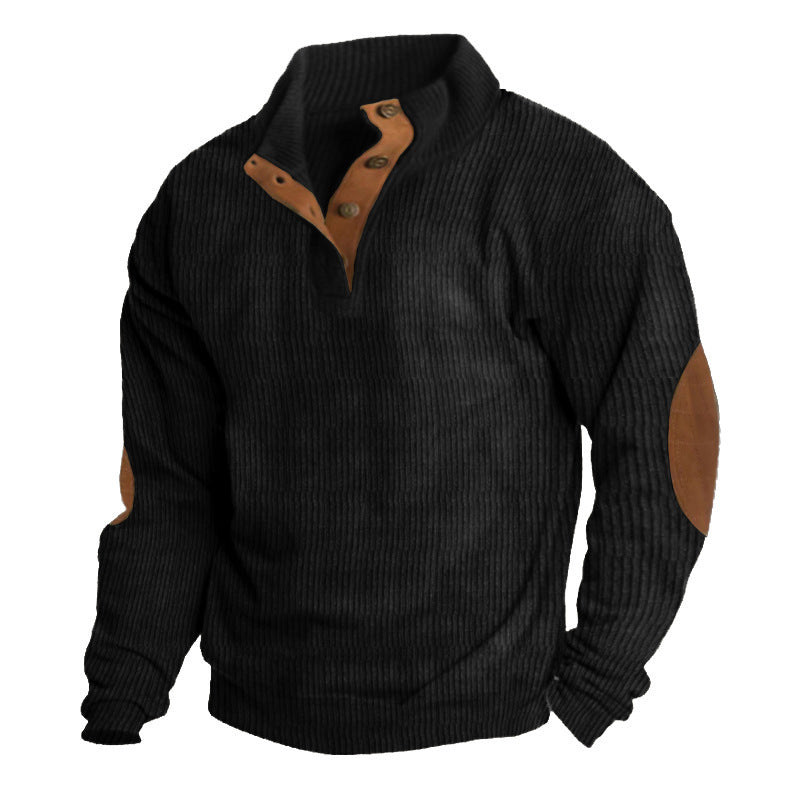Herren nan rustikaler gerippter Pullover mit Henley-Kragen und lederartigen Ellbogenbesätzen EB