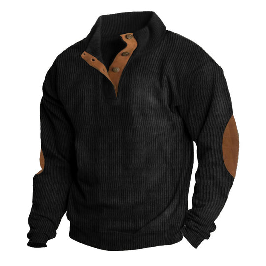 Herren nan rustikaler gerippter Pullover mit Henley-Kragen und lederartigen Ellbogenbesätzen EB