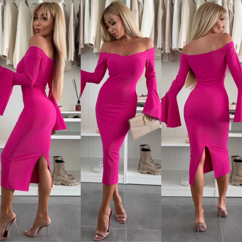 Damen Off-Shoulder Midi Kleid mit weit ausgestellten Ärmeln EB