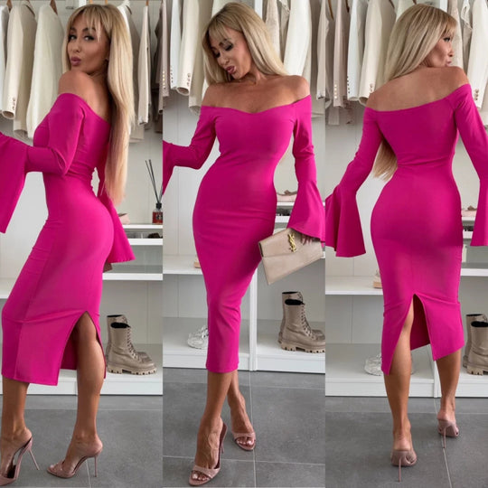 Damen Off-Shoulder Midi Kleid mit weit ausgestellten Ärmeln EB