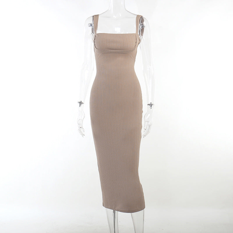 Damen figurbetontes Maxikleid mit quadratischem Ausschnitt und Rippmaterial EB