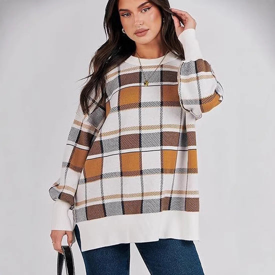 Damen oversized Pullover mit Karomuster und lässigem Schnitt EB