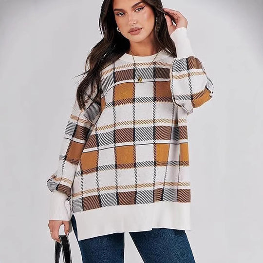 Damen oversized Pullover mit Karomuster und lässigem Schnitt EB