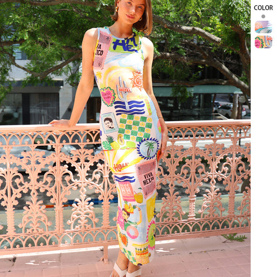 Damen Midikleid mit buntem Grafikdruck und figurbetontem Schnitt EB