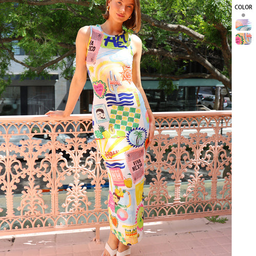 Damen Midikleid mit buntem Grafikdruck und figurbetontem Schnitt EB