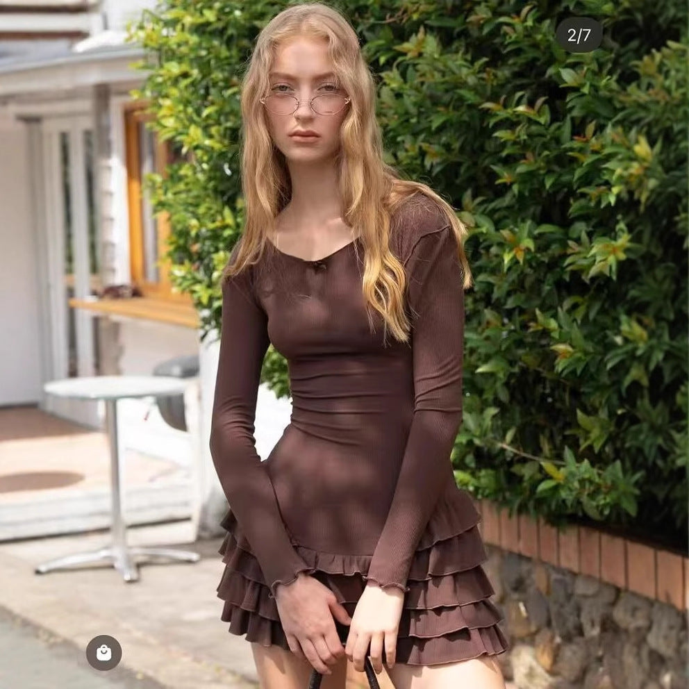 Damen Ballettkleid mit Rüschensaum und langen Ärmeln EB
