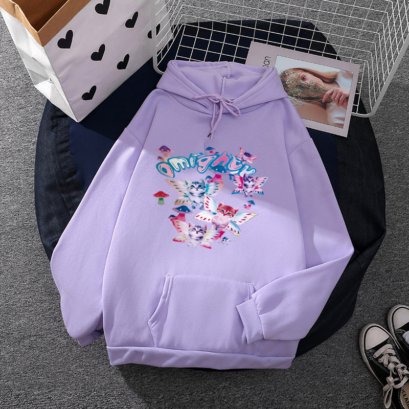 Damen nan Kapuzenpullover mit verspieltem Katzen‑Schmetterlings-Print und Kängurutasche EB