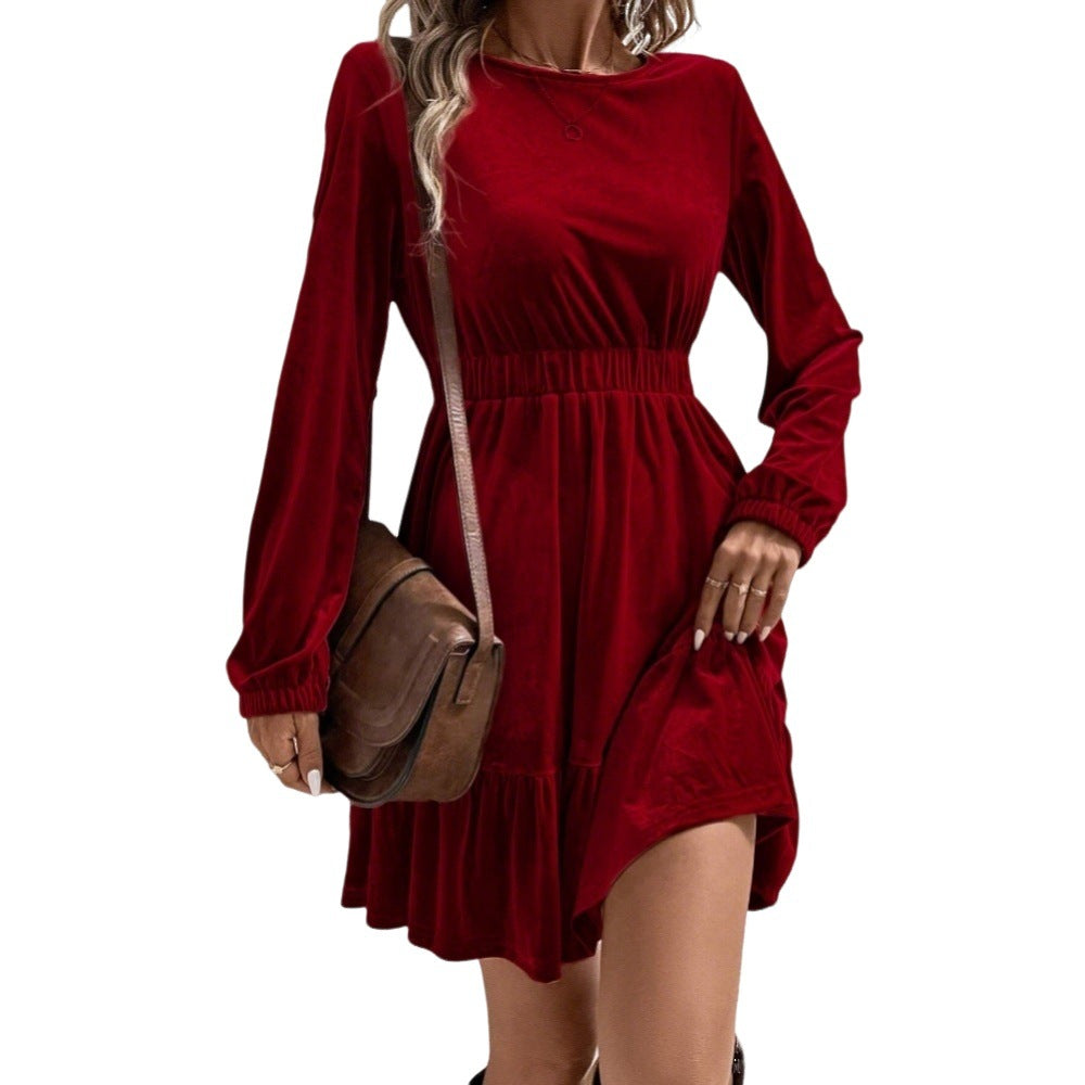 Damen Samt‑Minikleid mit elastischer Taillennaht und stufigem Volantrock Eichborn Berlin