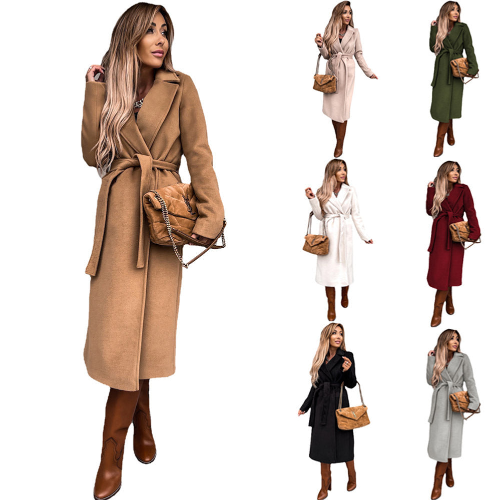 Damen Eleganter Wollmantel mit Taillengürtel und Schlitzdetails EB