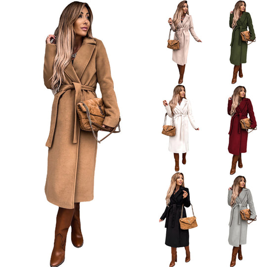 Damen Eleganter Wollmantel mit Taillengürtel und Schlitzdetails EB