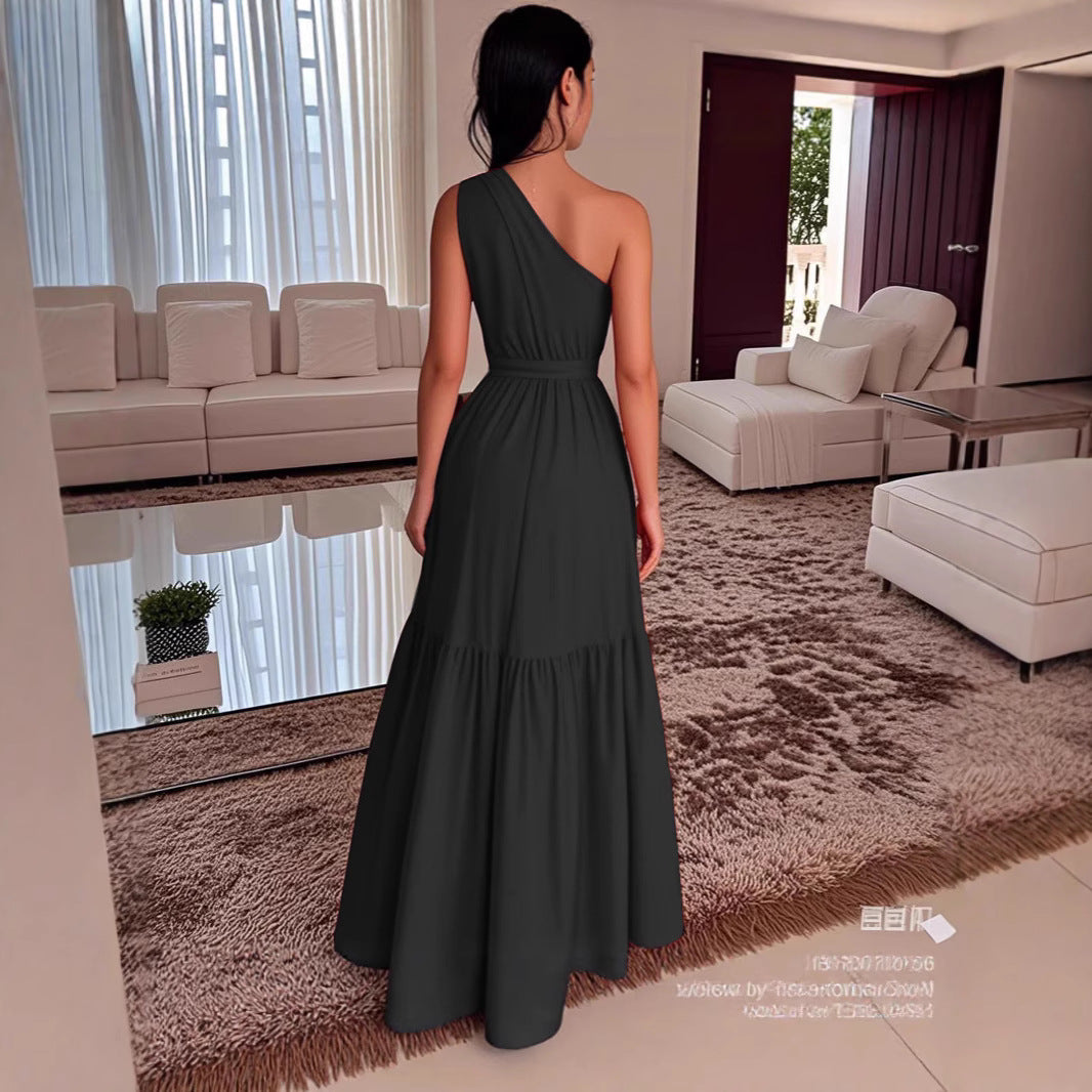 Damen Maxi-Kleid mit asymmetrischem Schnitt und elegantem Taillengürtel EB