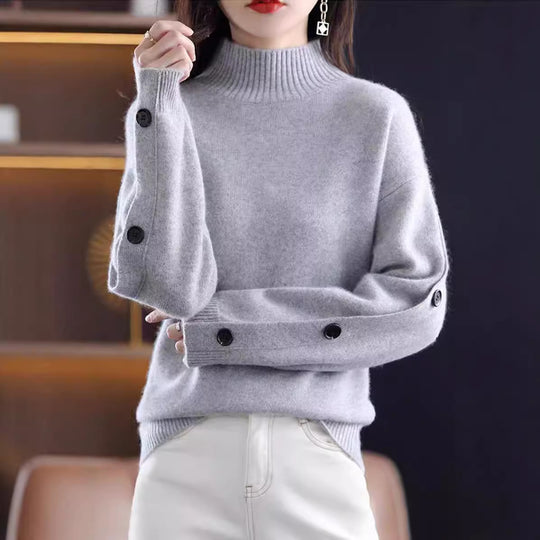Damen Eleganter Rollkragenpullover mit Knopfdetails und weichem Material EB