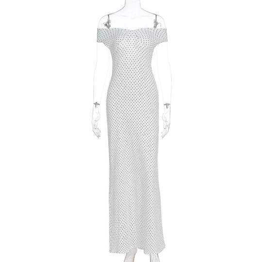 Damen Elegantes Maxikleid mit schulterfreiem Design und punktuellem Muster EB