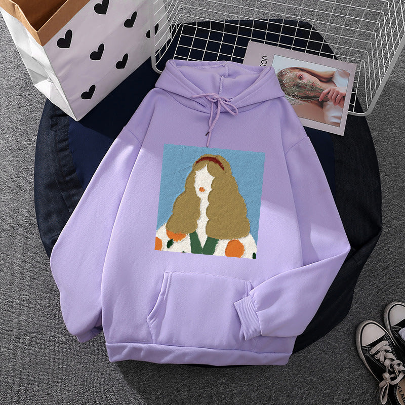 Damen nan Kapuzenpullover mit kunstvoller Chenille-Stickerei im Portraitstil und Kängurutasche EB