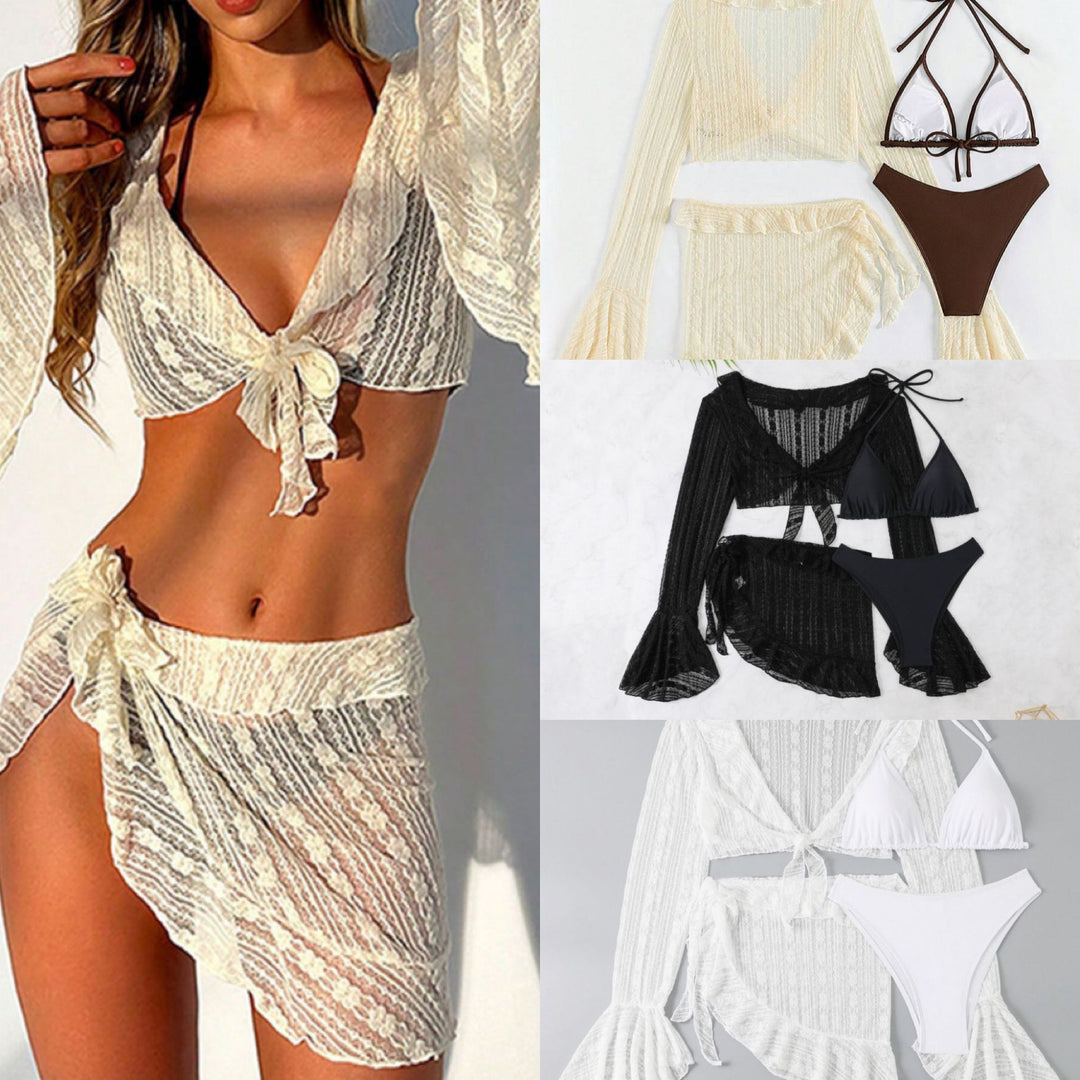 Damen Beachwear-Set mit eleganter Spitzenjacke und klassischem Bikini EB