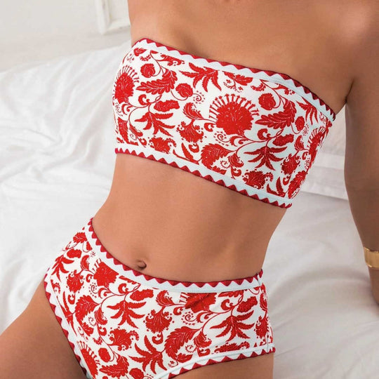 Damen Bandeau-Bikini-Set mit farbenfrohem floralen Muster und elastischem Gürtel EB