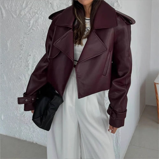 Damen Kunstlederjacke im modischen Biker-Stil mit breitem Revers EB