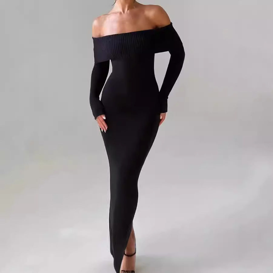 Damen Figurbetontes Off-Shoulder Maxikleid mit langen Ärmeln EB