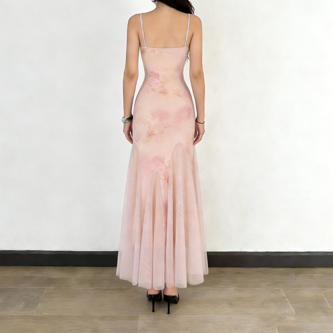 Damen elegantes Maxikleid aus transparenter Spitze und floralem Design EB