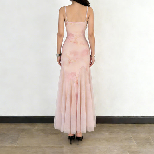Damen elegantes Maxikleid aus transparenter Spitze und floralem Design EB